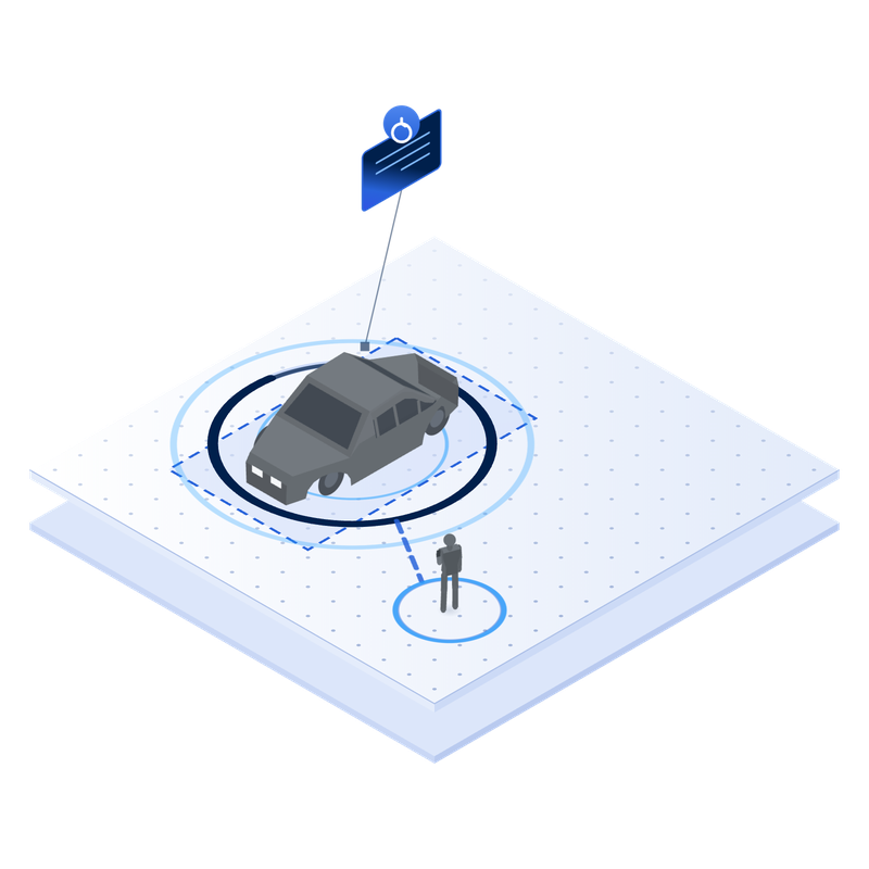 Isometric illustration: a vehicle running over its stage target flagged to the service team