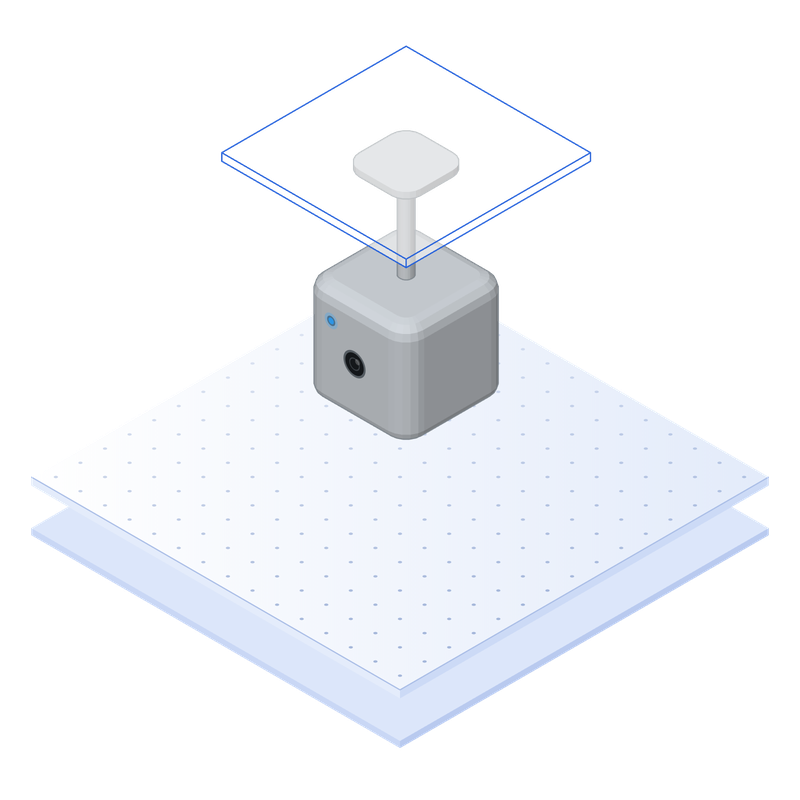 Isometric illustration: a Pulses Vision device mounted on a ceiling