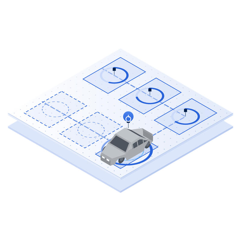 Isometric illustration: a car moving through the stages of a service centre