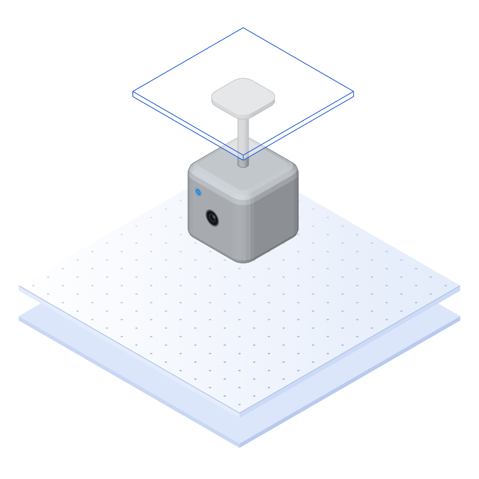 Isometric illustration: a Pulses Vision device on its ceiling mount, above the floor of a service centre