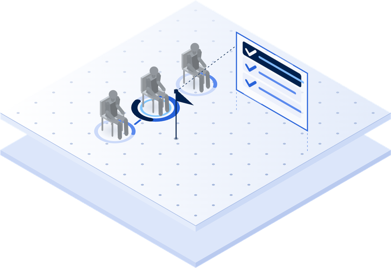 Isometric illustration: a row of waiting seats, the long wait flagged and ticked off on a review list