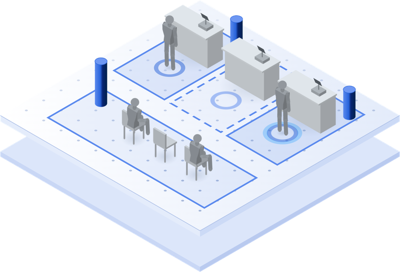 Isometric illustration: three counters and a waiting area, each zone counted on its own, one counter idle