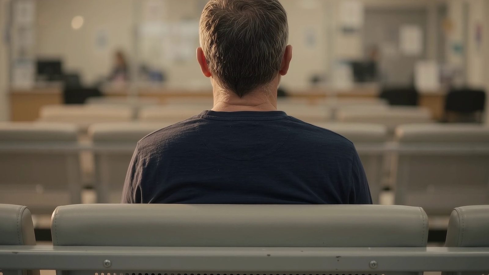 A visitor waiting alone on a bench, seen from behind, with the service counters out of focus