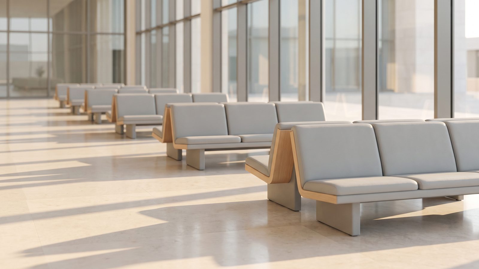 Empty waiting seats in a service centre at first light