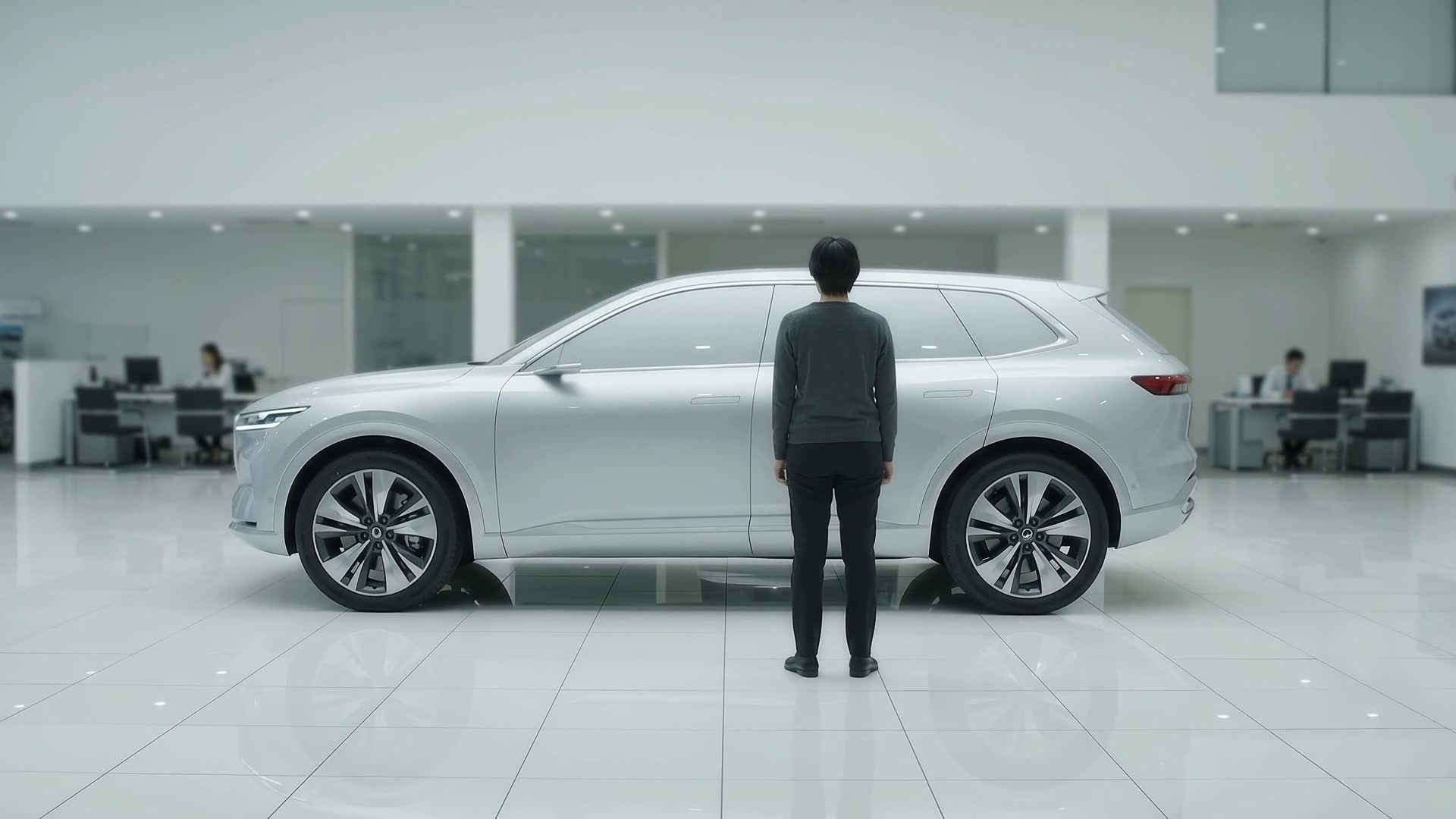 A buyer seen from behind, standing alone beside an unbadged SUV on a bright showroom floor, with staff busy at desks far behind