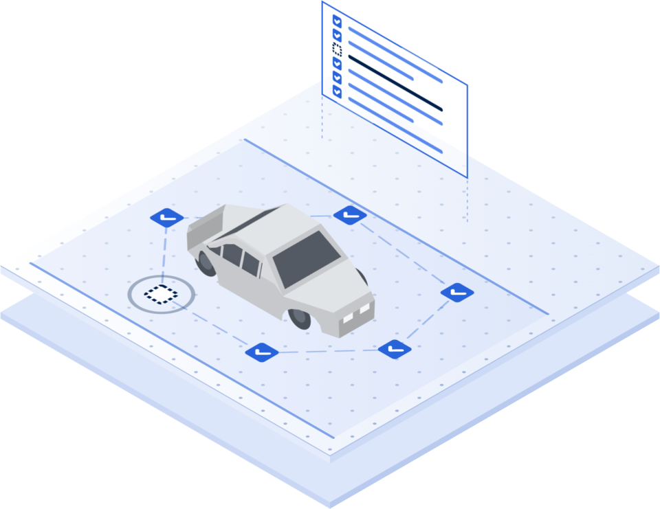 Isometric illustration: a car on its lane with its required checks marked around it, each one done except one that was skipped, and a checklist with the same rows