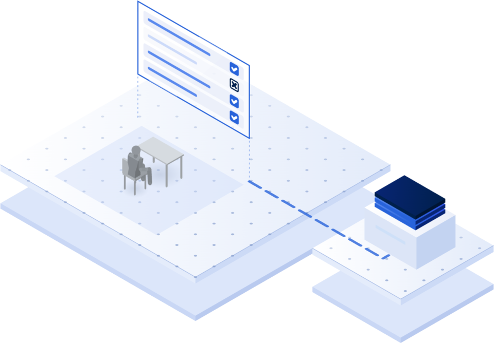 Isometric illustration: an inspector at a desk, seen from behind, deciding each finding in one validation queue; the approved findings go on to your own system