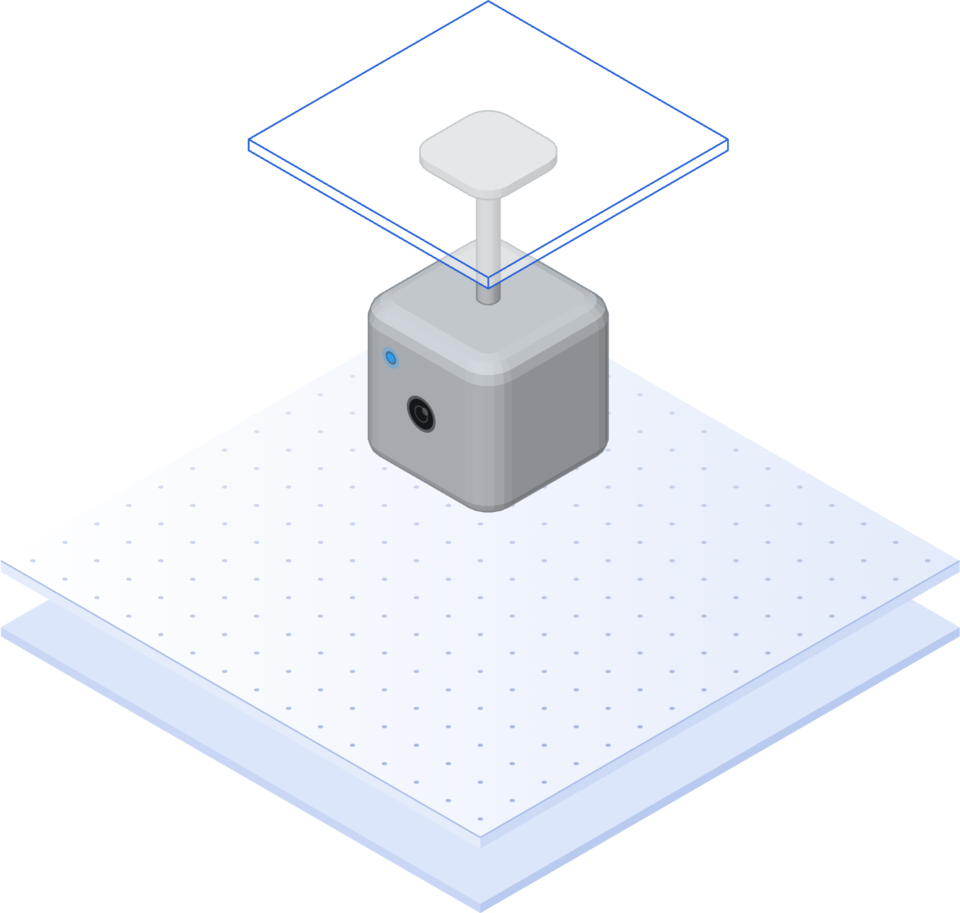 Isometric illustration: a Pulses Vision device mounted on a ceiling, in silver