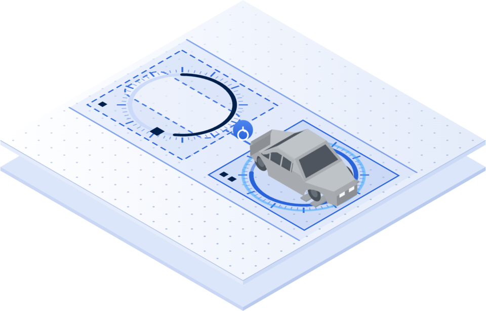 Isometric illustration: one lane with both inspection stages, each timed by its own ring; the first stage finished, the second still running