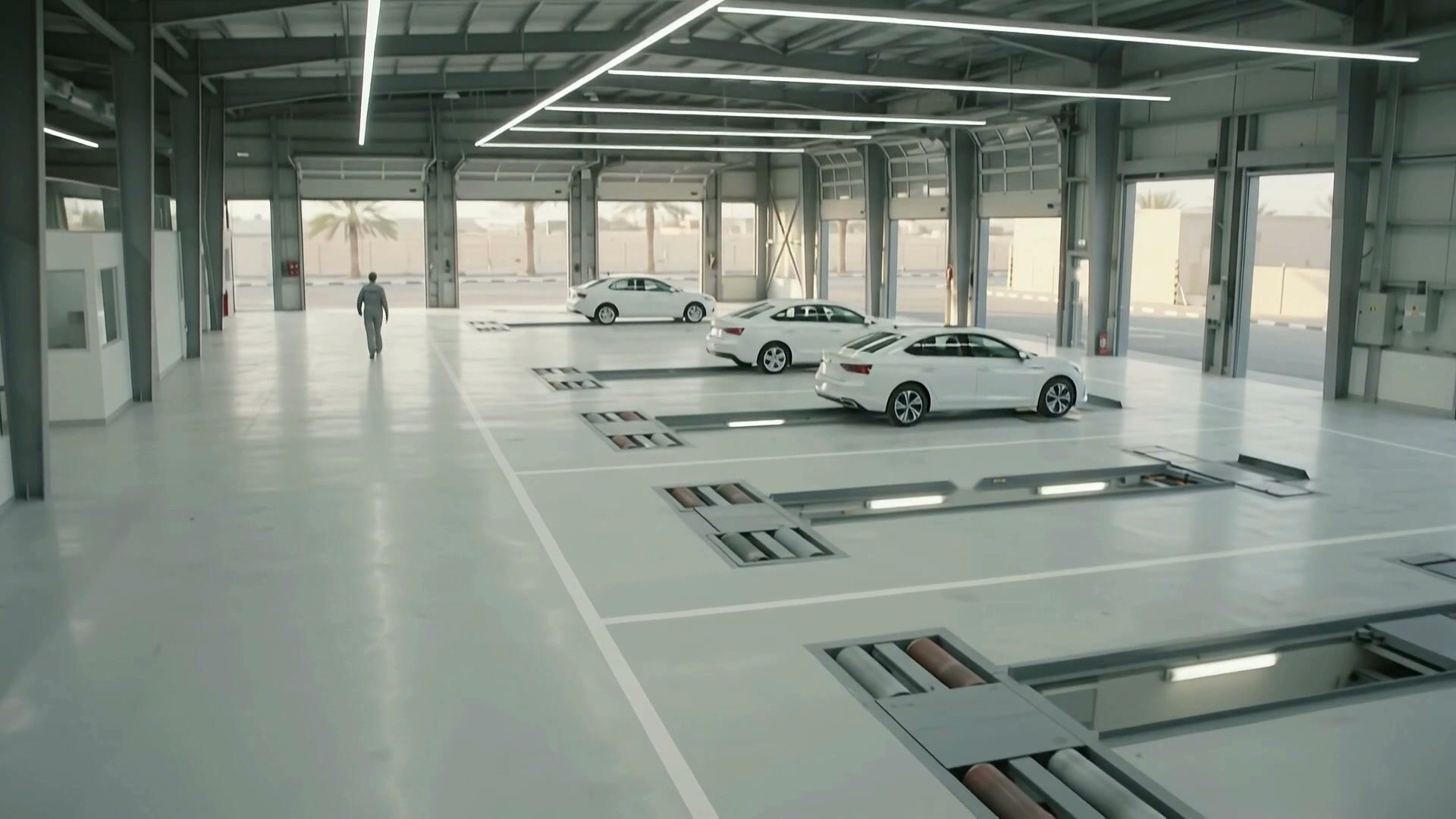 A wide inspection hall seen from its gallery, cars standing on their lanes, one inspector far off and seen from behind