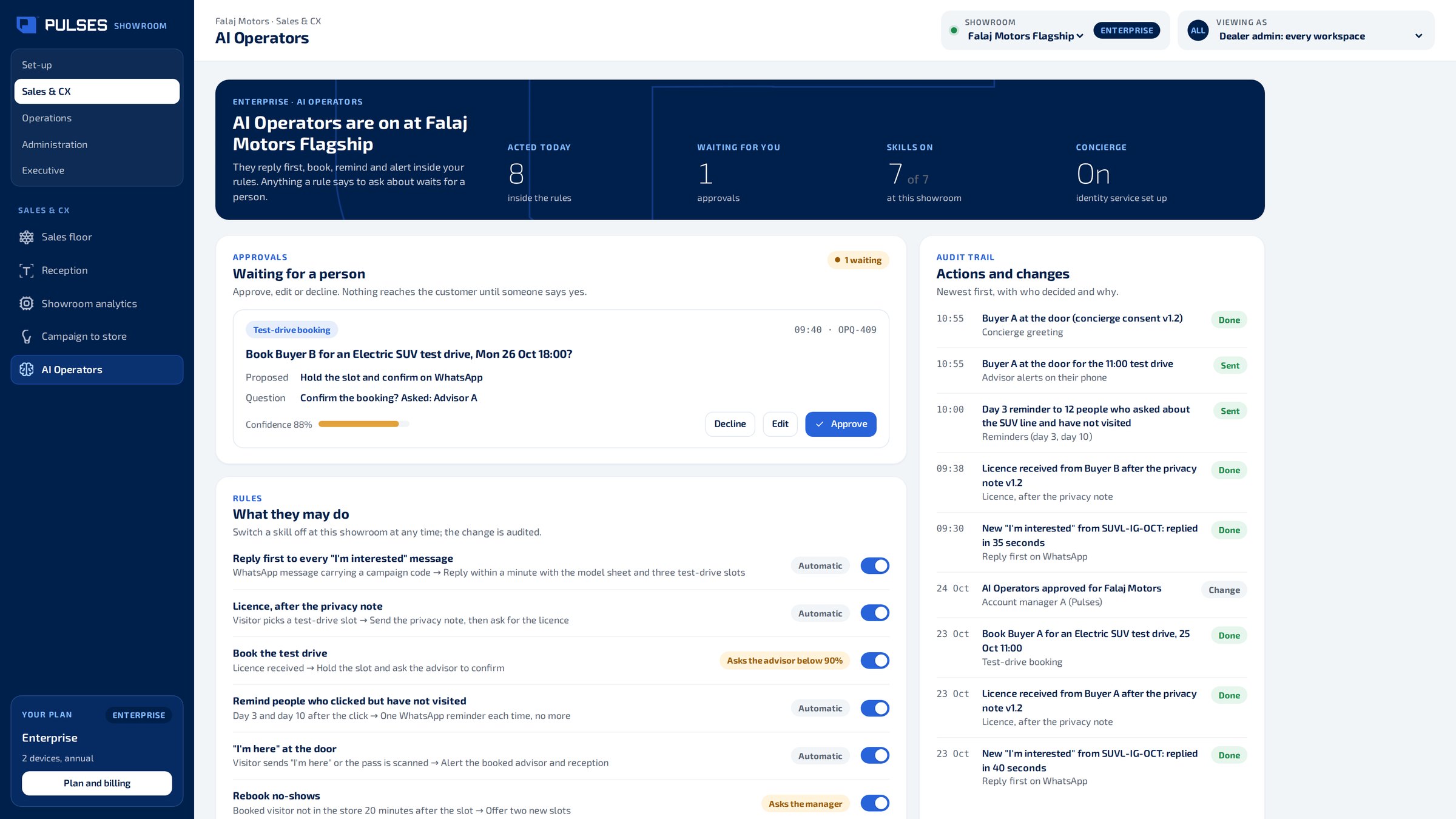 Pulses OS AI Operators screen: a test-drive booking waiting for an advisor's approval, the rules the AI Operators follow, and the audit trail of replies, bookings and reminders